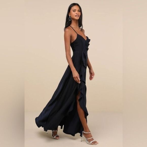 Lulus Stylish Grace Navy Blue Backless Lace-Up Ruffled Maxi Dress Size Small NEW - Picture 2 of 12